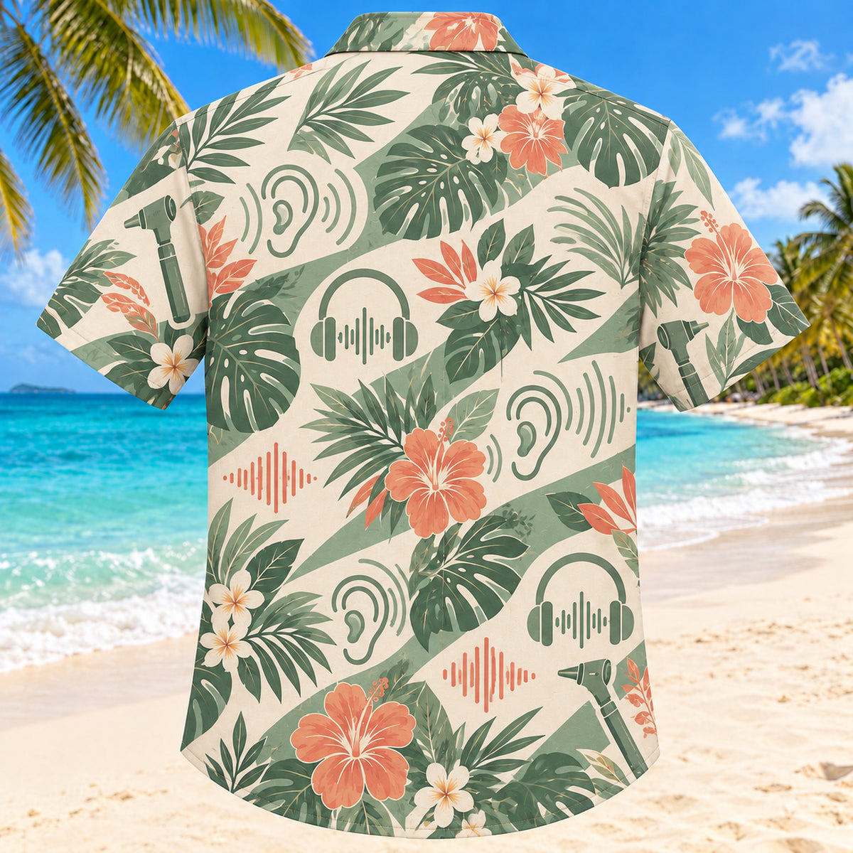 Back view of Hearing Wave Sage Audiologist Hawaiian Shirt with matching artwork in sage, sand, coral