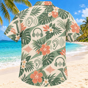 Back view of Hearing Wave Sage Audiologist Hawaiian Shirt with matching artwork in sage, sand, coral