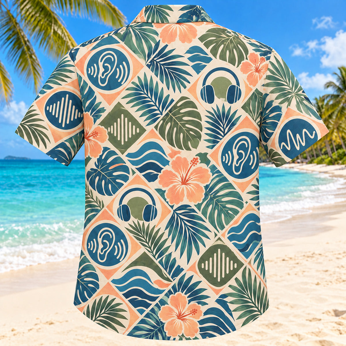 Back view of Hearing Wave Sunset Audiologist Hawaiian Shirt with matching artwork in sunset peach, sea blue, olive