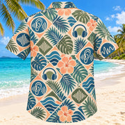 Back view of Hearing Wave Sunset Audiologist Hawaiian Shirt with matching artwork in sunset peach, sea blue, olive