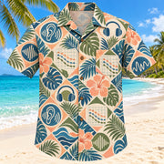 Front view of Hearing Wave Sunset Audiologist Hawaiian Shirt with original fictional audiogram curves and waves in a loose geometric medallions