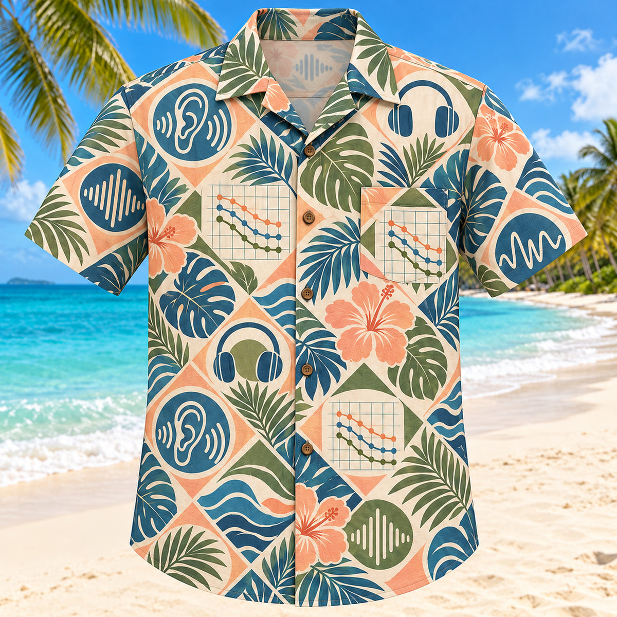 Front view of Hearing Wave Sunset Audiologist Hawaiian Shirt with original fictional audiogram curves and waves in a loose geometric medallions