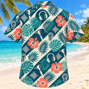 Back view of Hearing Wave Teal Audiologist Hawaiian Shirt with matching artwork in deep teal, ivory, coral