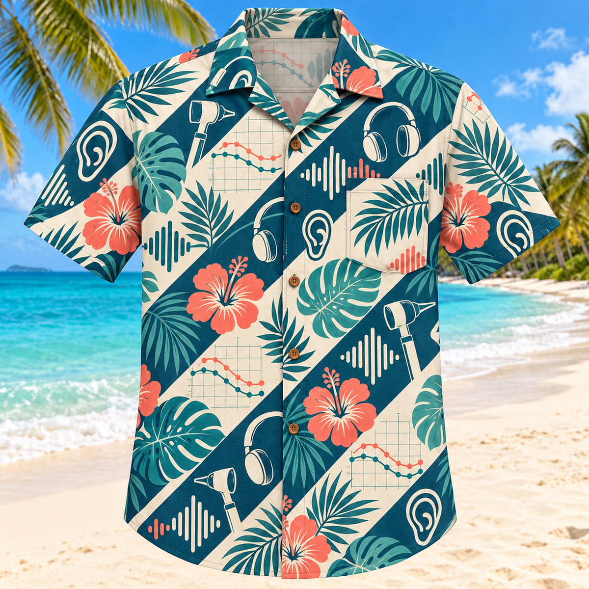 Hearing Wave Teal Audiologist Hawaiian Shirt