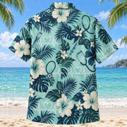 Back view of Heart Beat Nurse Hawaiian Shirt with matching artwork in seafoam, navy, ivory