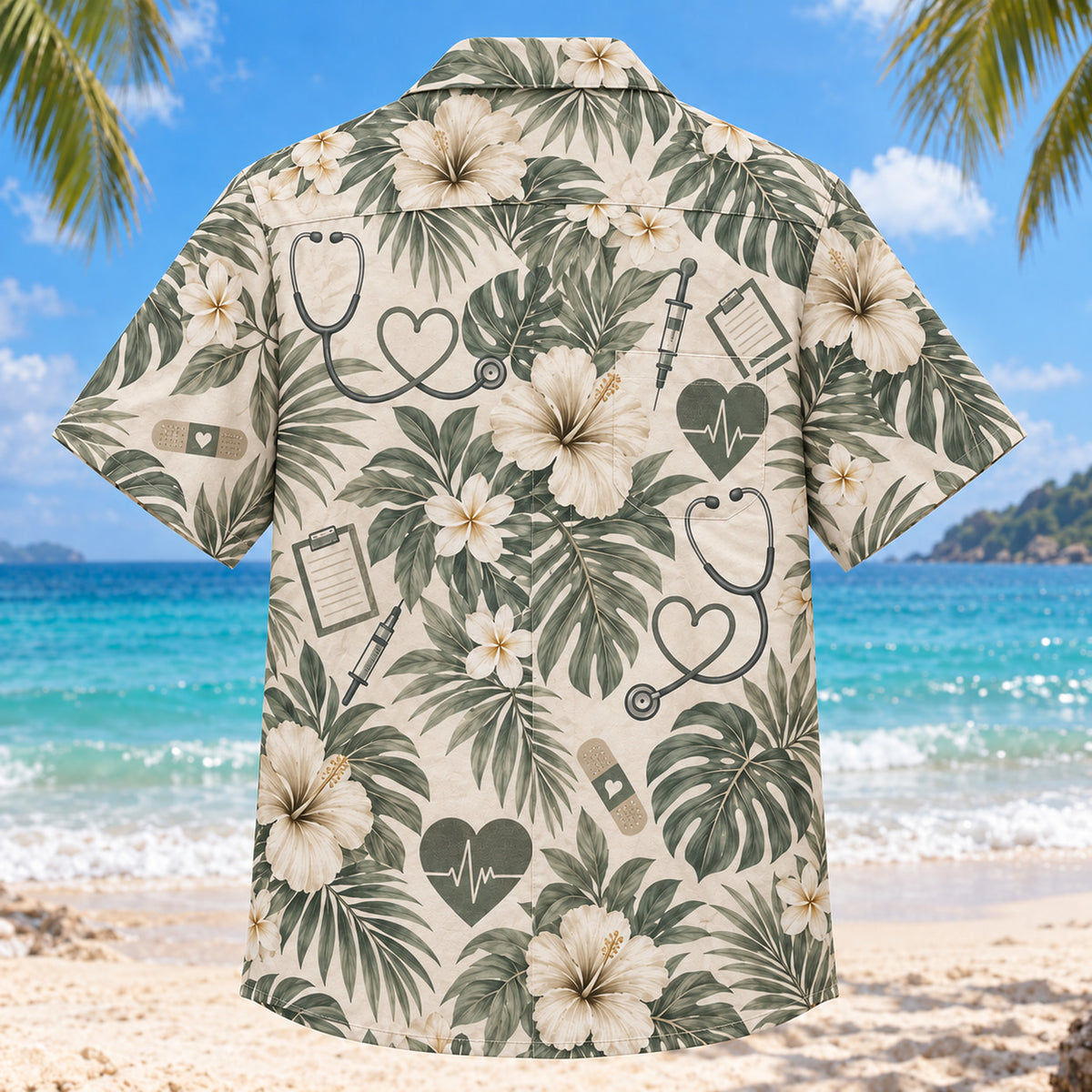 Back view of Heart Line Nurse Hawaiian Shirt with matching artwork in sage, sand, charcoal