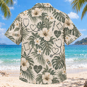 Back view of Heart Line Nurse Hawaiian Shirt with matching artwork in sage, sand, charcoal