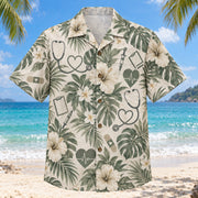 Front view of Heart Line Nurse Hawaiian Shirt with original heart line motifs, with tropical botanical accents; no text or branded equipment