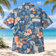 Back view of Heat Cool HVAC Hawaiian Shirt with matching artwork in denim, peach, ivory