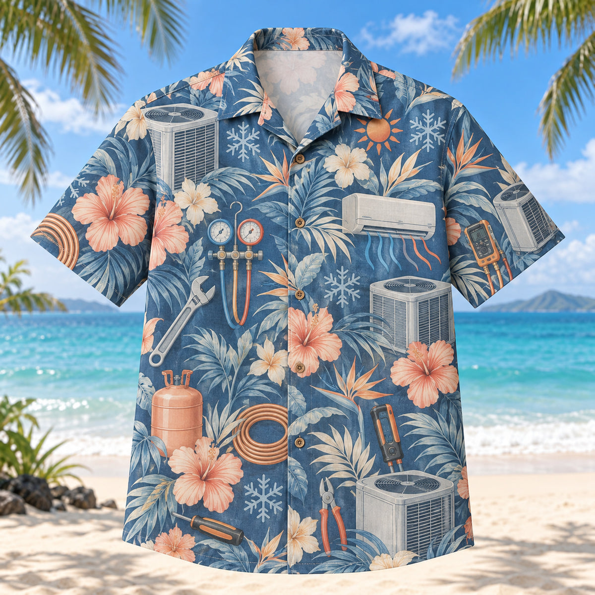 Front view of Heat Cool HVAC Hawaiian Shirt with original heat cool motifs, with tropical botanical accents; no text or branded equipment