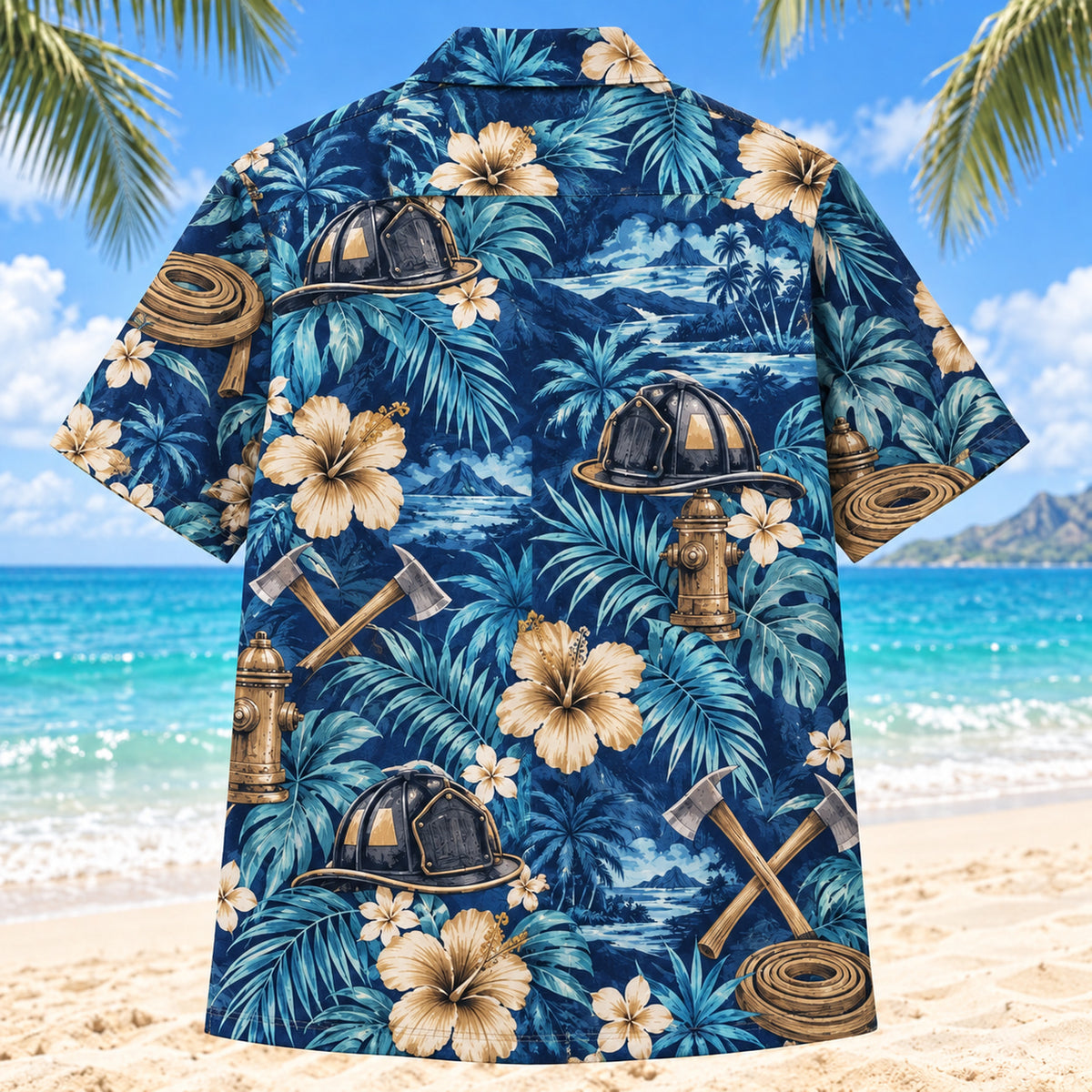Back view of Helmet Firefighter Hawaiian Shirt with matching artwork in indigo, aqua, tan