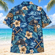 Back view of Helmet Firefighter Hawaiian Shirt with matching artwork in indigo, aqua, tan
