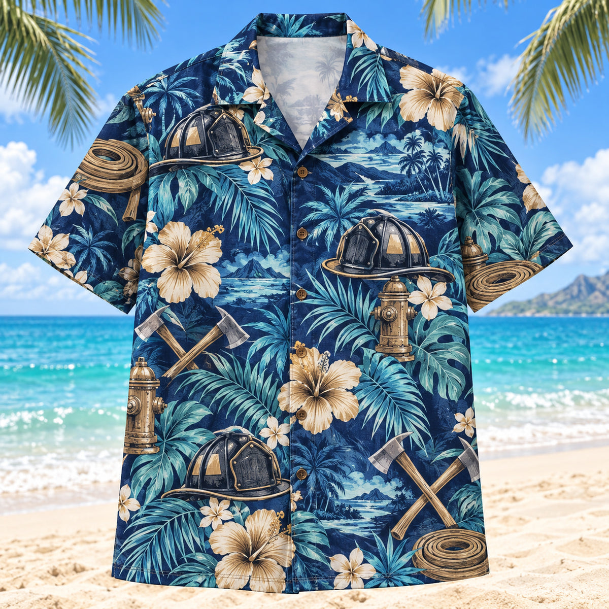 Front view of Helmet Firefighter Hawaiian Shirt with original helmet motifs, with tropical botanical accents; no text or branded equipment