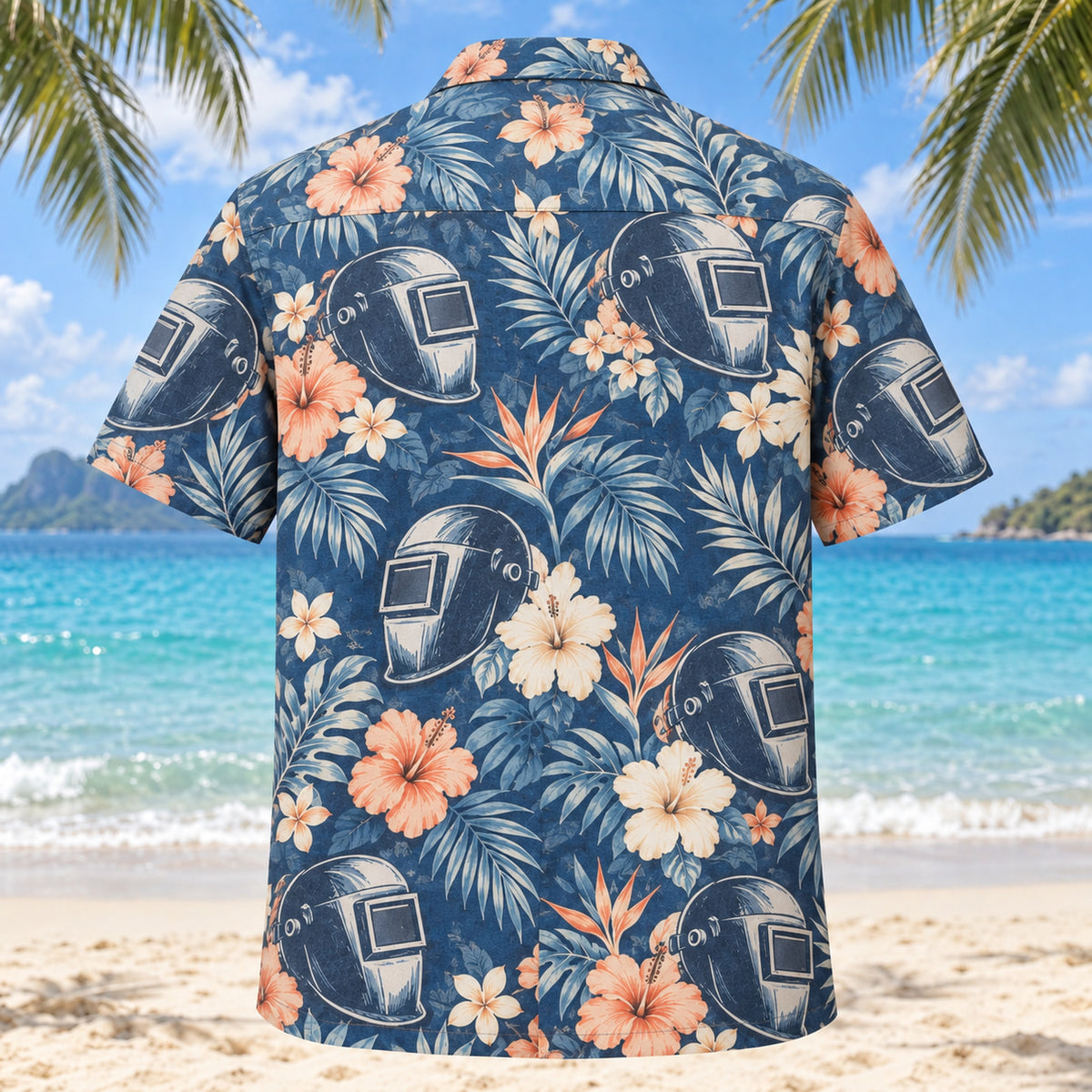 Back view of Helmet Profile Welder Hawaiian Shirt with matching artwork in denim, peach, ivory