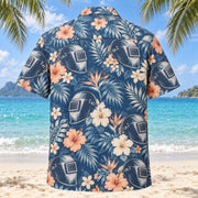 Back view of Helmet Profile Welder Hawaiian Shirt with matching artwork in denim, peach, ivory