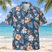 Front view of Helmet Profile Welder Hawaiian Shirt with original helmet profile motifs, with tropical botanical accents; no text or branded equipment