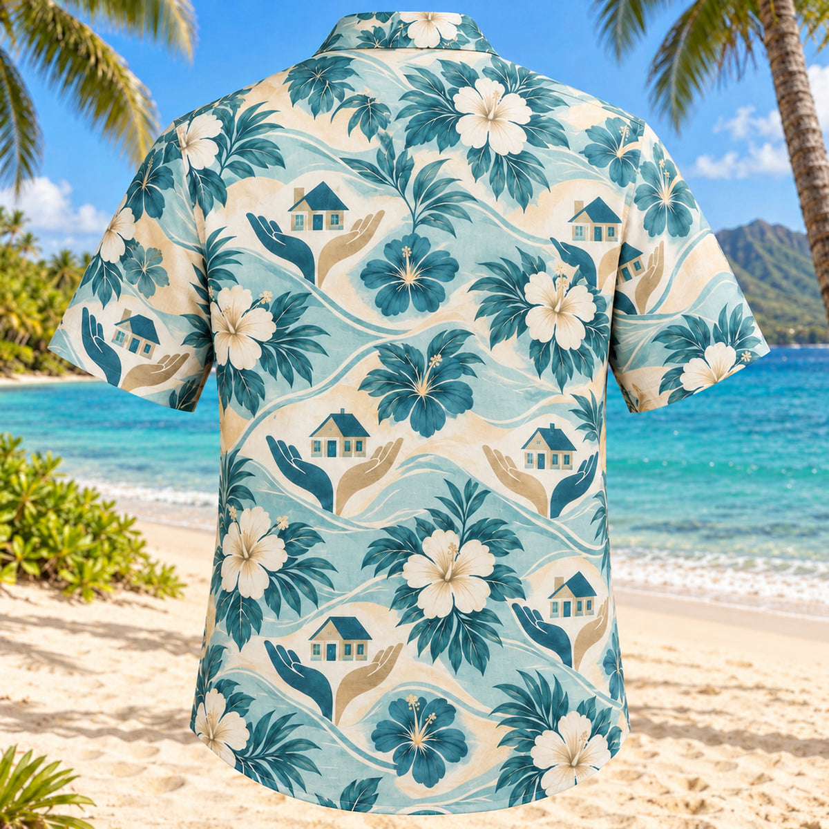 Back view of Helping Garden Aqua Sand Social Worker Hawaiian Shirt with matching artwork in muted aqua, sand cream, deep teal