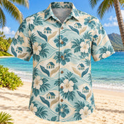 Front view of Helping Garden Aqua Sand Social Worker Hawaiian Shirt with original original open hands, small houses and hibiscus connected by soft lines