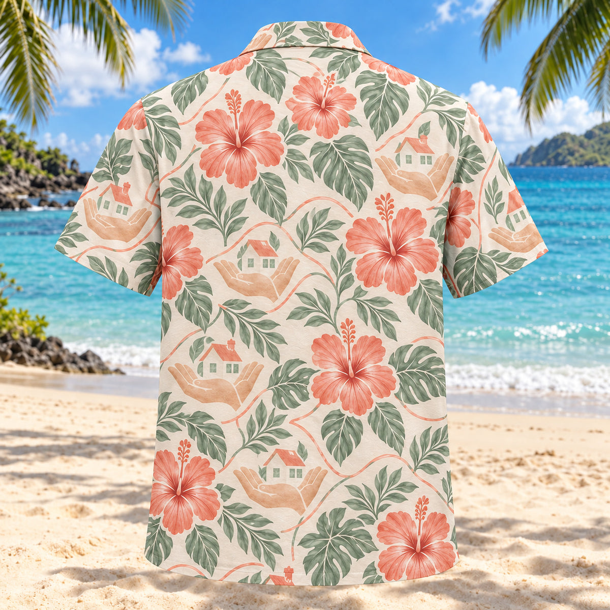 Back view of Helping Garden Coral Sage Social Worker Hawaiian Shirt with matching artwork in soft coral, sage, cream
