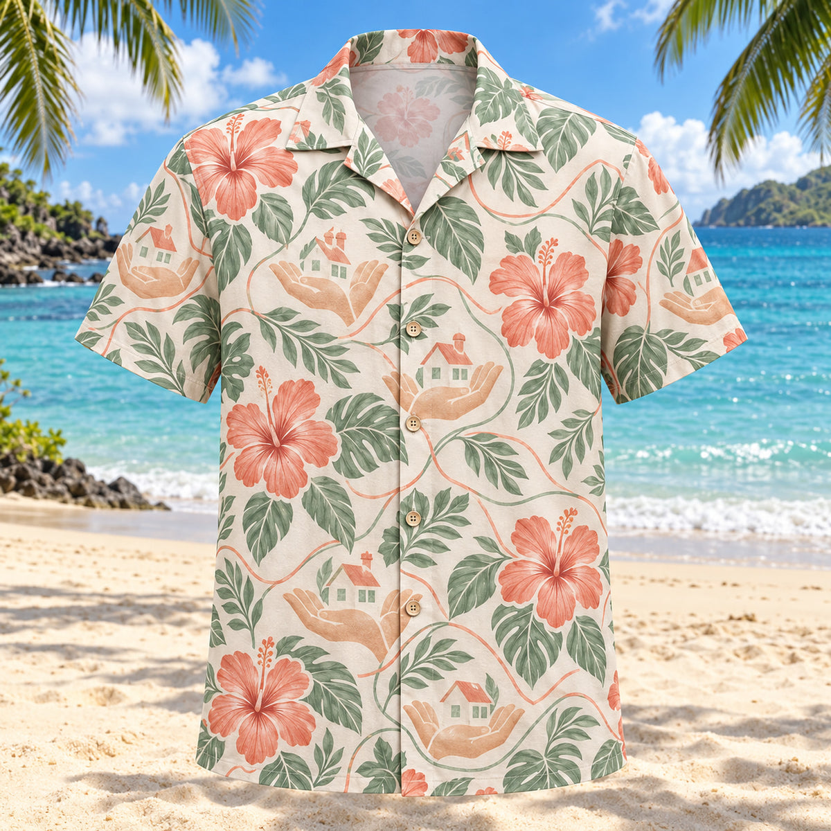 Front view of Helping Garden Coral Sage Social Worker Hawaiian Shirt with original original open hands, small houses and hibiscus connected by soft lines