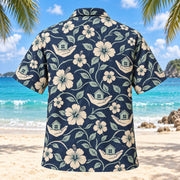 Back view of Helping Garden Navy Cream Social Worker Hawaiian Shirt with matching artwork in navy, warm ivory, pale seafoam