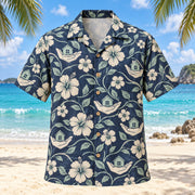 Front view of Helping Garden Navy Cream Social Worker Hawaiian Shirt with original original open hands, small houses and hibiscus connected by soft lines