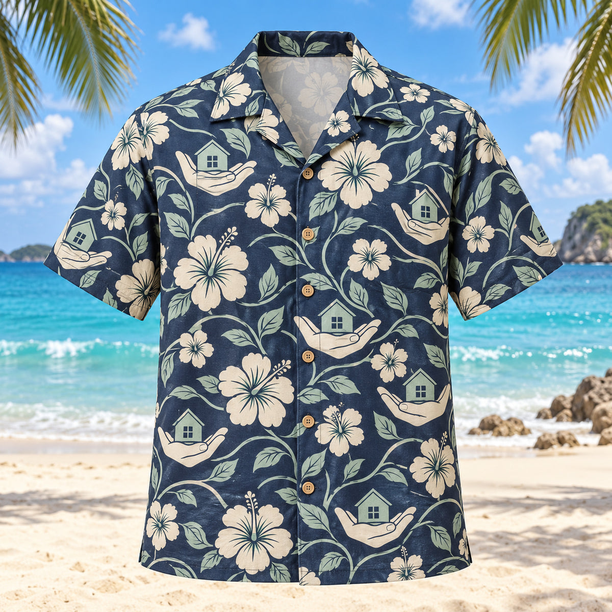 Front view of Helping Garden Navy Cream Social Worker Hawaiian Shirt with original original open hands, small houses and hibiscus connected by soft lines