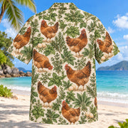 Back view of Hen Egg Garden Chicken Hawaiian Shirt with matching artwork in brown, cream, sage