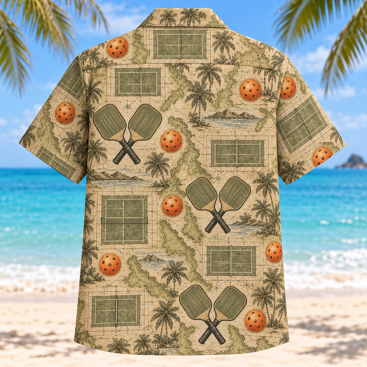 Back view of Heritage Court Map Pickleball Hawaiian Shirt with matching pickleball artwork in olive green, parchment, burnt orange