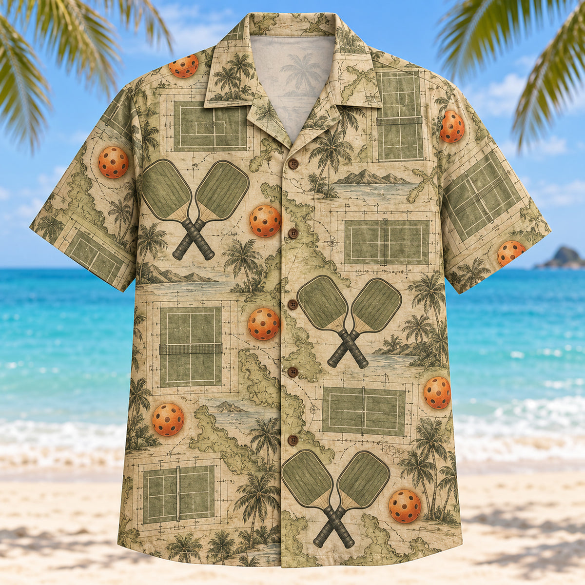 Front view of Heritage Court Map Pickleball Hawaiian Shirt with subtle overlapping hand-drawn pickleball court diagrams, vintage-inspired generic paddles, perforated balls and restrained palm shadows