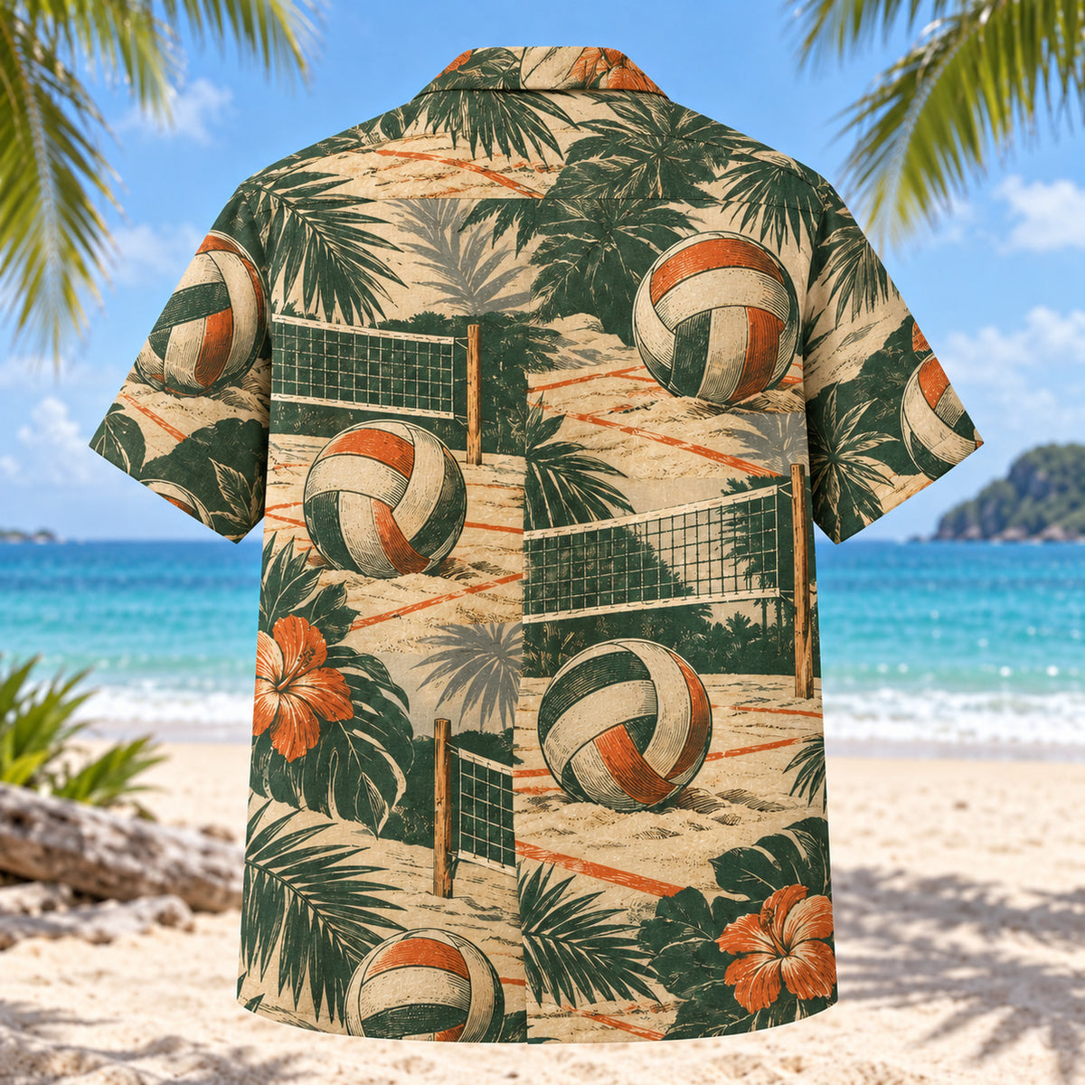 Back view of Heritage Trails Beach Volleyball Hawaiian Shirt with matching beach volleyball artwork in forest green, warm ivory, muted orange