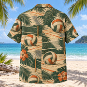 Back view of Heritage Trails Beach Volleyball Hawaiian Shirt with matching beach volleyball artwork in forest green, warm ivory, muted orange