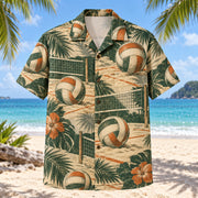 Front view of Heritage Trails Beach Volleyball Hawaiian Shirt with vintage-inspired engraved generic paneled volleyballs, beach volleyball nets and sand-court lines with subtle botanical shadows