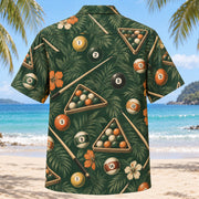 Back view of Heritage Trails Billiards Hawaiian Shirt with matching billiards artwork in forest green, warm ivory, muted orange