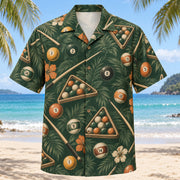 Front view of Heritage Trails Billiards Hawaiian Shirt with vintage-inspired engraved numbered pool balls, plain cue sticks and simple racking triangles with subtle botanical shadows