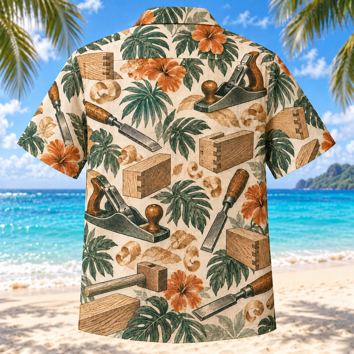 Back view of Heritage Trails Carpenter Hawaiian Shirt with matching carpenter artwork in forest green, warm ivory, muted orange