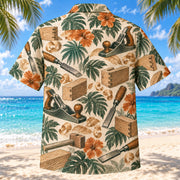 Back view of Heritage Trails Carpenter Hawaiian Shirt with matching carpenter artwork in forest green, warm ivory, muted orange