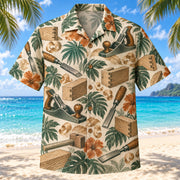 Front view of Heritage Trails Carpenter Hawaiian Shirt with vintage-inspired engraved vintage hand planes, chisels, wood joints, shavings and original wood grain with subtle botanical shadows