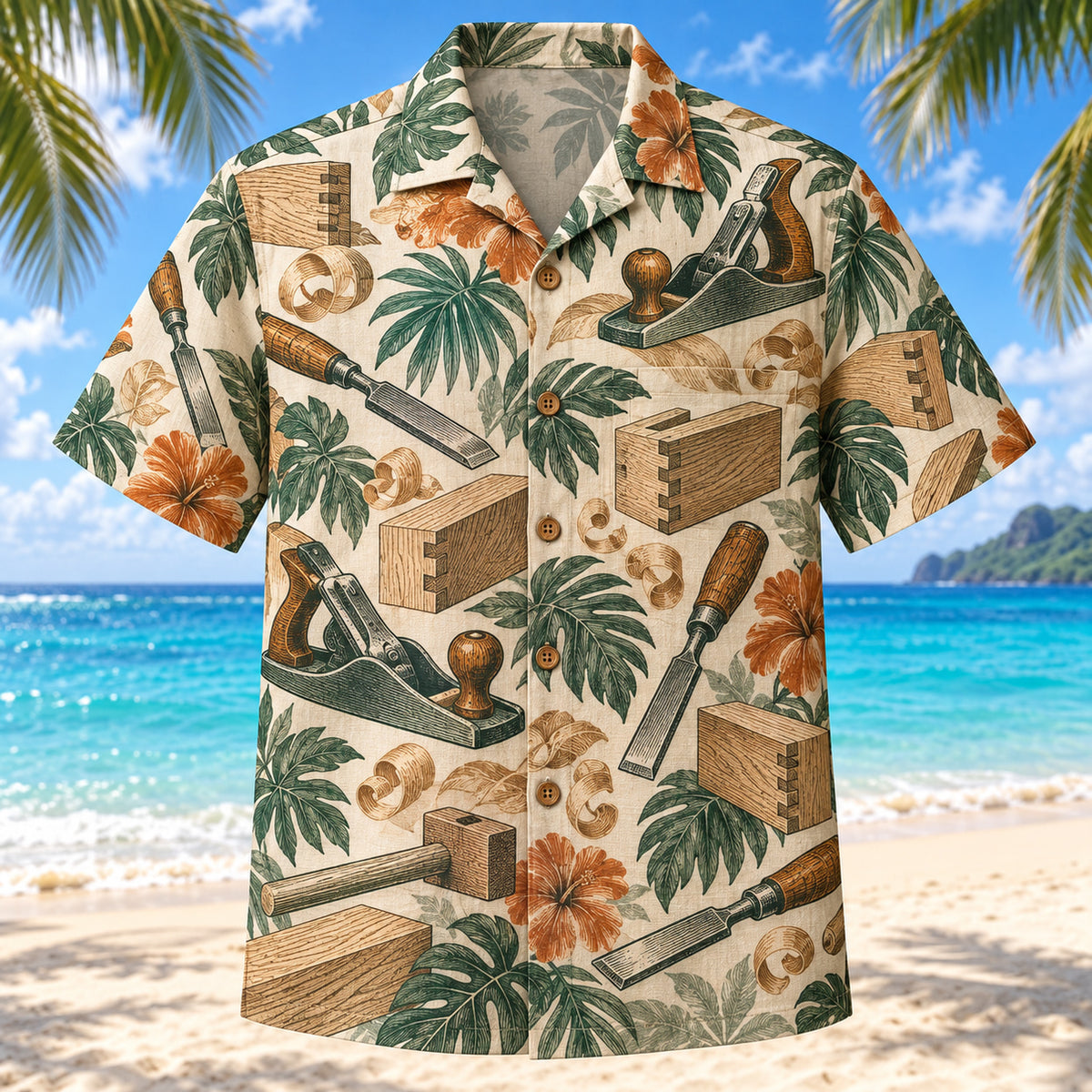 Front view of Heritage Trails Carpenter Hawaiian Shirt with vintage-inspired engraved vintage hand planes, chisels, wood joints, shavings and original wood grain with subtle botanical shadows