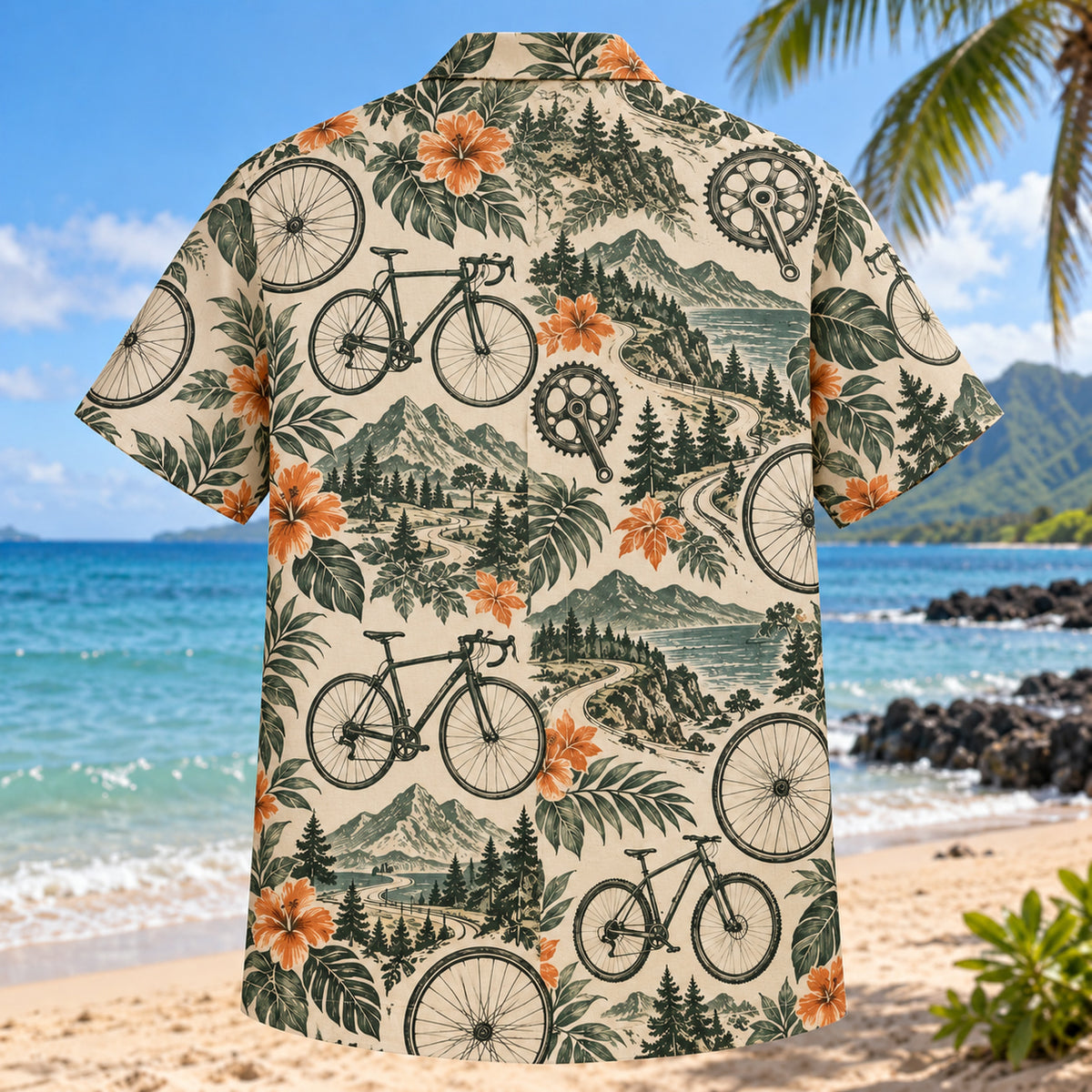 Back view of Heritage Trails Cycling Hawaiian Shirt with matching cycling artwork in forest green, warm ivory, muted orange