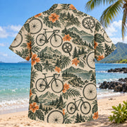 Back view of Heritage Trails Cycling Hawaiian Shirt with matching cycling artwork in forest green, warm ivory, muted orange