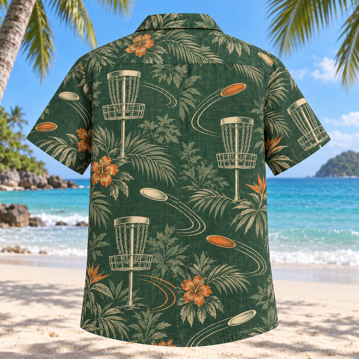 Back view of Heritage Trails Disc Golf Hawaiian Shirt with matching disc golf artwork in forest green, warm ivory, muted orange