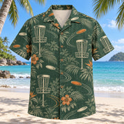 Front view of Heritage Trails Disc Golf Hawaiian Shirt with vintage-inspired engraved disc golf chain baskets, plain flying discs and curved flight trails with subtle botanical shadows