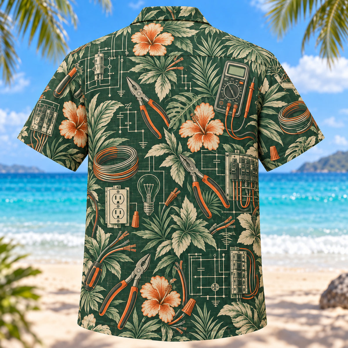Back view of Heritage Trails Electrician Hawaiian Shirt with matching electrician artwork in forest green, warm ivory, muted orange