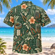 Back view of Heritage Trails Electrician Hawaiian Shirt with matching electrician artwork in forest green, warm ivory, muted orange