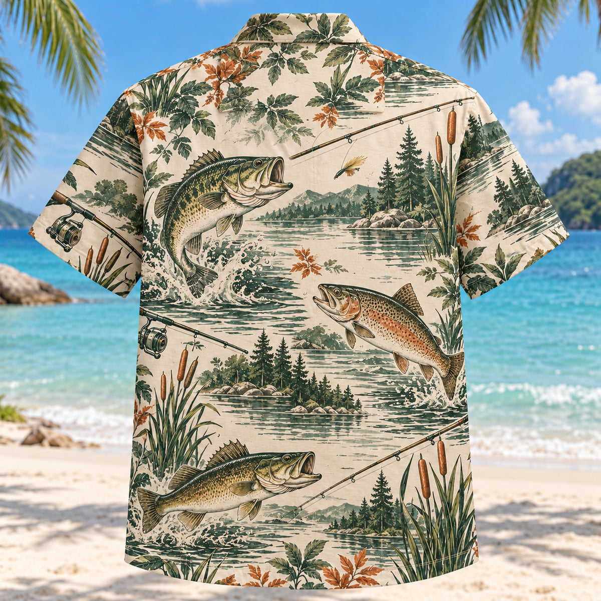 Back view of Heritage Trails Freshwater Fishing Hawaiian Shirt with matching freshwater fishing artwork in forest green, warm ivory, muted orange