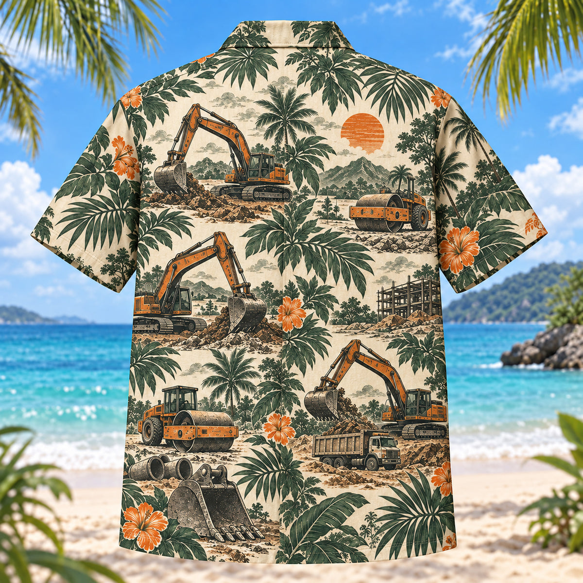 Back view of Heritage Trails Heavy Equipment Operator Hawaiian Shirt with matching heavy equipment operator artwork in forest green, warm ivory, muted orange