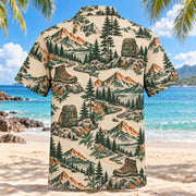 Back view of Heritage Trails Hiking and Backpacking Hawaiian Shirt with matching hiking and backpacking artwork in forest green, warm ivory, muted orange