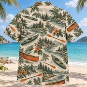 Back view of Heritage Trails Kayak and Canoe Hawaiian Shirt with matching kayak and canoe artwork in forest green, warm ivory, muted orange