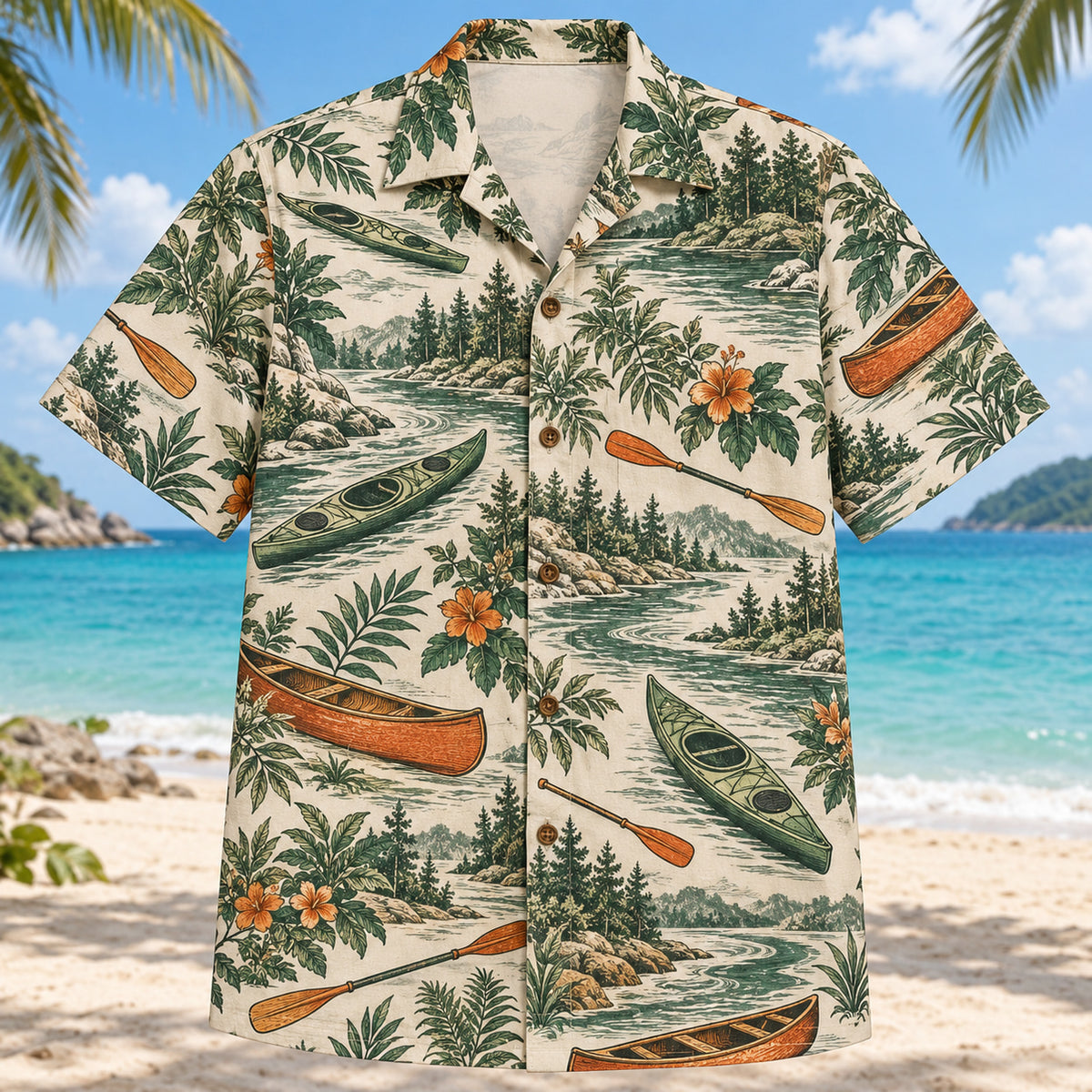 Front view of Heritage Trails Kayak and Canoe Hawaiian Shirt with vintage-inspired engraved plain kayaks, canoes, paddles, river bends and bankside plants with subtle botanical shadows
